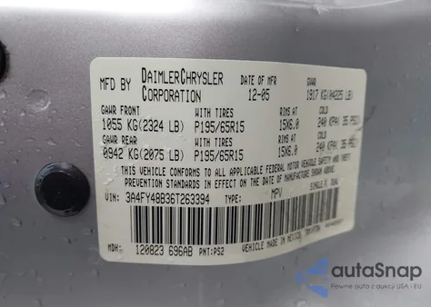 2006 Chrysler Pt Cruiser from USA, damaged, VIN 3A4FY48B36T263394